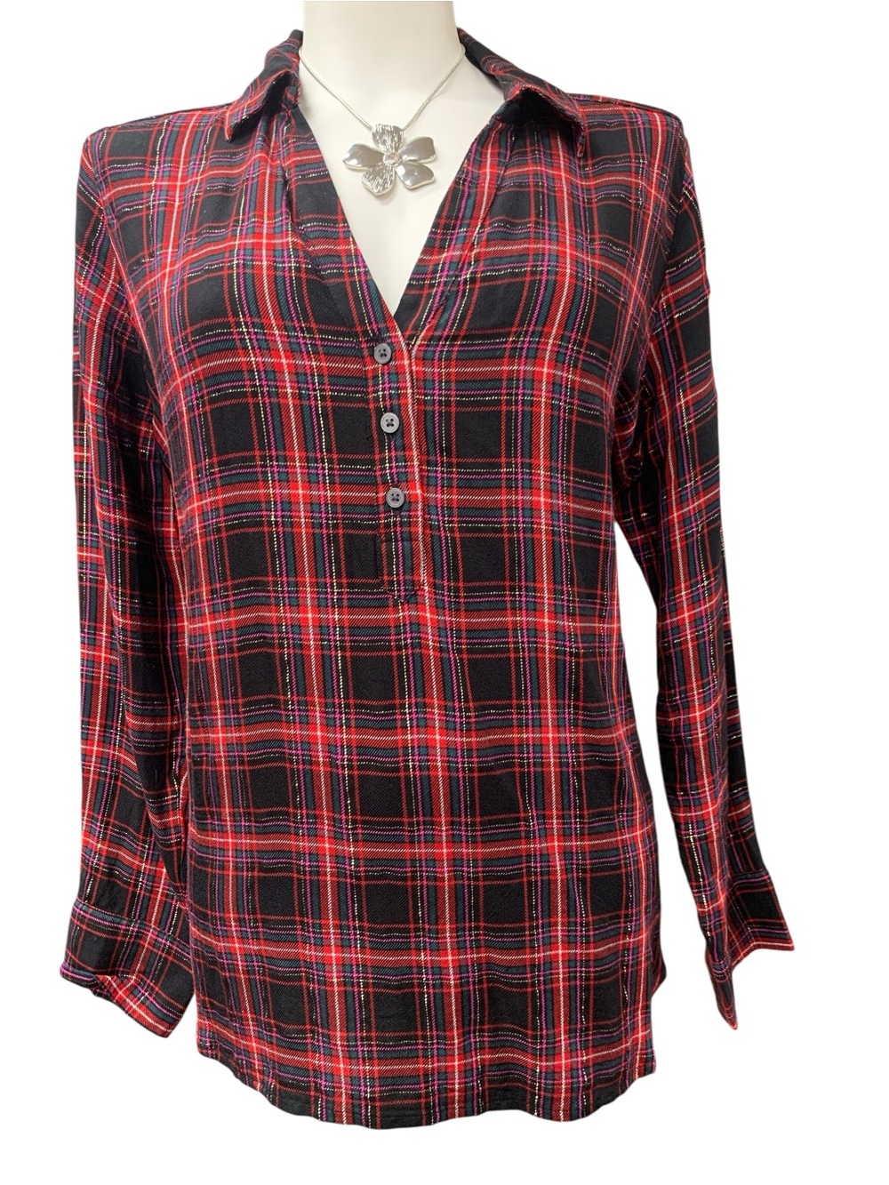LOFT Red and Black Plaid Button Henley Top Size L